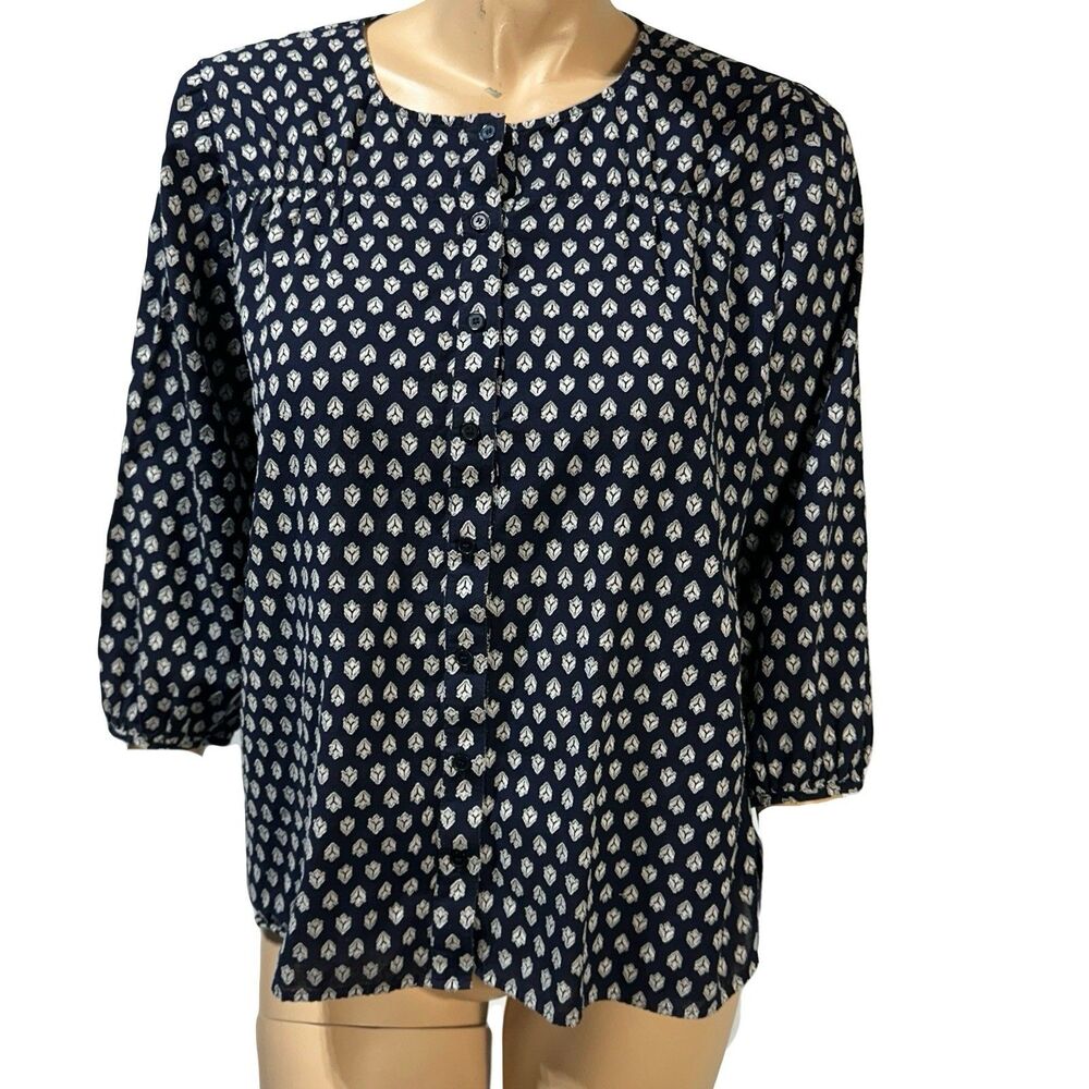 Talbots Womens Blouse Size M P Petite Top Button Front Navy White Print